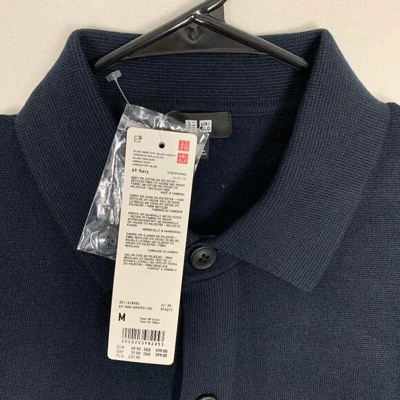 Uniqlo Milano Ribbed Shirt Collar Cardigan Men's Medium NWT Navy